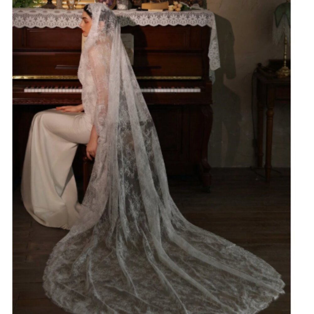 All Lace French Eyelash Lace Wedding Veil Mantilla Veil Light Ivory Comb 118"
